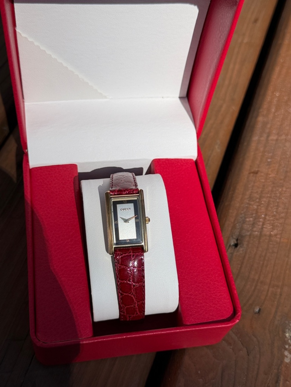 Gucci Gold Rectangular Watch with Red Croc-Embossed Strap